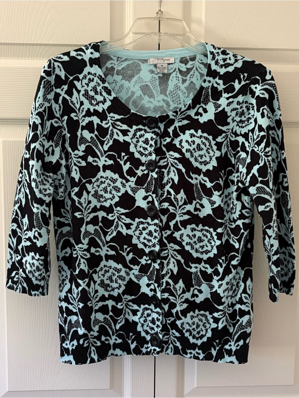 Mercer Street Studio Black & Light Blue Floral 3/4 Sleeve Cardigan - Women's